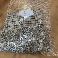 ネイビー チェック柄 ストール フリンジ付きマフラー