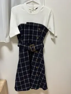 one way 半袖ミニワンピース チェック柄 ベルト付き M