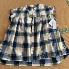 未使用品女性用フレンチスリーブトップス綿製品Ｌサイズブルー系チェックタグ付き
