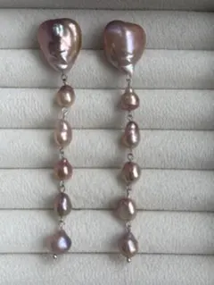 F 107淡水パール　特大　ぷっくり　ハートバロック　天然色　パープル　ピアス