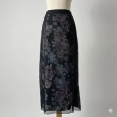 花柄シフォンロングスカート LL 黒×紫 ウエストゴム ヴィンテージ 古着のサムネイル