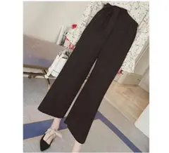 プリーツパンツ ワイド ガウチョ アンクルパンツ リボン ベルト ブラック M