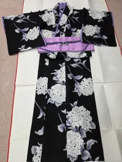 未使用品★あじさい柄浴衣・半巾帯・帯留めセット