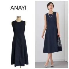 ANAYI ふくれジャガードノースリーブフレア ワンピース 38 ネイビー