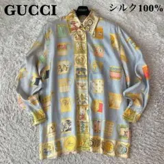 【美品】グッチ ヴィンテージスカーフ柄レトロシャツ シルク100％コーヒーカップのサムネイル