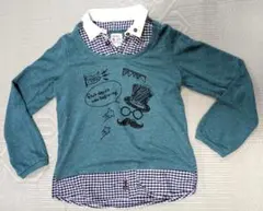 【美品】襟元のボタンが可愛い長袖カットソー　重ね着風　Mサイズ　ターコイズ