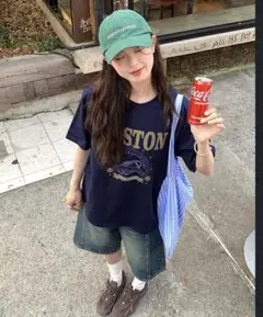 lumiyumi アメリカンレトロプリントTシャツ ネイビー