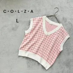 【コルザ】L レディース　ニットベスト　ジレ　Vネック　ギンガムチェック　ピンク