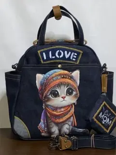 ☆岡山デニム☆パッチ柄☆トラ猫☆3way横長ボストンバッグ - メルカリ