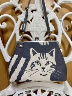 ハンドメイド　エチノ　echino がま口ショルダー　猫 ポシェット　グレー