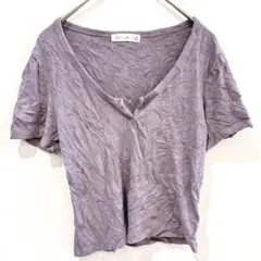 Active Us【M】パープル Vネック 半袖シャツ 海外古着 シンプル 春夏