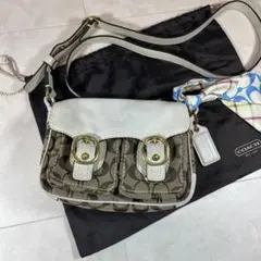 美品✨ COACH コーチ シグネチャー ショルダーバッグ ホワイト×ブラウン