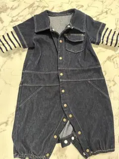 デニムブルー ストライプ袖ロンパース