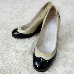 CHANEL シャネル　パンプス　ウェッジソール　エナメル　バイカラー