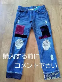 ナンバーナイン　ダメージ加工ベルベットパッチデニムパンツ　サイズM ナンバーナイン ダメージ加工ベルベットパッチデニムパンツ