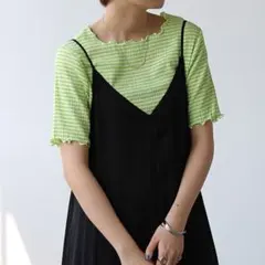 ジーラ GeeRA ギンガムチェックワッシャー袖トップス （グリーン）