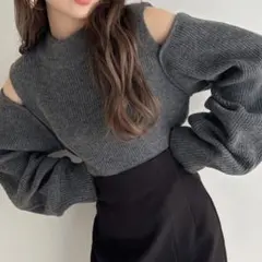 袖2Wayショルダーオープンニットトップス グレー [mb1528]