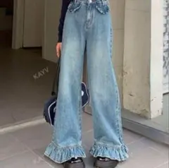 SHEIN ウォッシュド フリル裾 ワイドレッグ ジーンズ