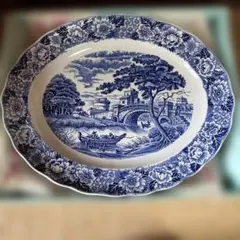 ブルー＆ホワイト 楕円形 大皿 風景画 花柄 - メルカリ