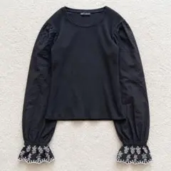 ZARA 刺繍カフス パフスリーブ リブトップス 黒