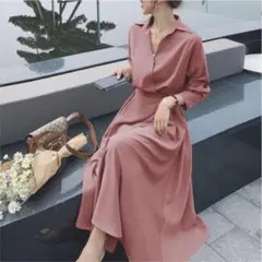 シャツ風　ワンピース　ピンク系　とろみ　オフィス