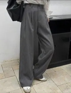 shein グレー ストライプ ワイドパンツ