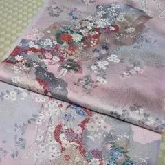 230　 着物解きハギレ　反物巾×320㎝ 　地紙重ね花鳥文　金銀彩　　未使用