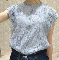 美品グリーンパークス フリー 裏地付き 花柄総レース フリル半袖ブラウス