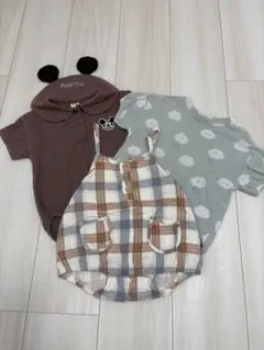 【3点セット】ミッキー耳付きブラウンロンパース他2着　サイズ80