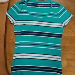 美品　TOMMY HILFIGER レディスターコイズ ストライプ Tシャツ M