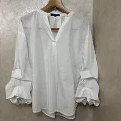 白シャツ バルーンスリーブ Vネック ブラウス Lサイズ