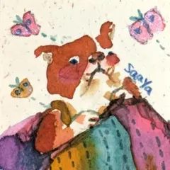 『君の夢をみた』インク　絵画　原画　イラスト　手描き　ブルドッグ　犬　ゆるかわ
