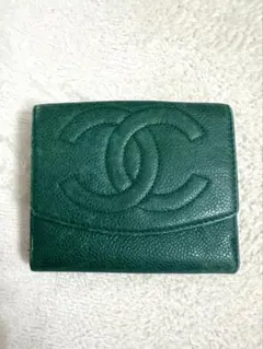 【希少カラー】CHANEL デカココ 折り財布 キャビアスキン グリーン