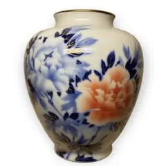 深川製磁　磁器　丸形　花瓶　紅白牡丹　ブルー・朱色　金彩(口縁・葉脈)のサムネイル