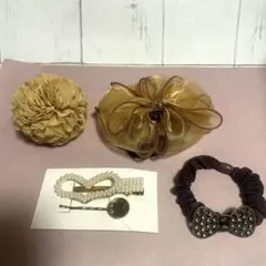 新品　韓国ヘアアクセサリー5点セット ゴールド ブラウン　ヘアピン　シュシュ