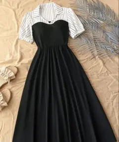 新品　フレア　ストライプ　ドッキングワンピース　Lサイズ