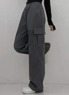 コットンカーゴドローストリングワイドロングパンツ　グレー