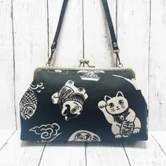 縁起物柄 がま口バッグ 合皮ショルダー付き　ハンドメイド