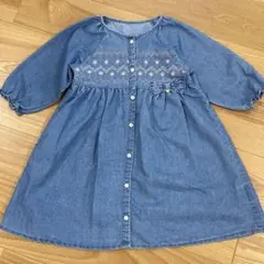 デニムブルー刺繍ワンピース 七分袖