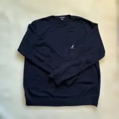 NAUTICA ニット セーター ネイビー L コットン ワンポイント 刺繍