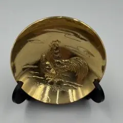 24KGP 金メッキ 鶏の彫刻 金杯 盃 小皿 縁起物 昭和レトロ