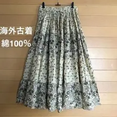 ティアードフレアロングスカート マキシ丈 海外古着 花柄 綿100％ 総ゴム