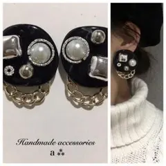 963-2 2way ブラック☺︎シルバーパールの大ぶりピアス×チェーン☺︎
