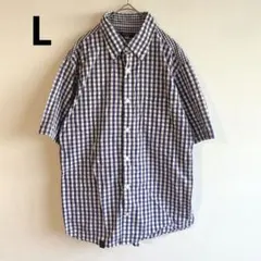 6644【美品】ギンガムチェック柄半袖BDシャツ　コットン　カジュアル紫　メンズのサムネイル