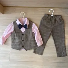 フォーマル　チェック柄　ピンク　ブラウン　蝶ネクタイ　90cm