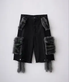 【GRANCY】ファーポケットデザインハーフデニムカーゴパンツブラック M