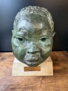 彫刻家 笹戸千津子 ブロンズ少女像 女性胸像 銅像 90年刻印 台座付