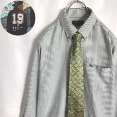 古着 ストライプ柄 長袖シャツ 鳥刺繍 ネクタイコーデ クローバー 総柄 M
