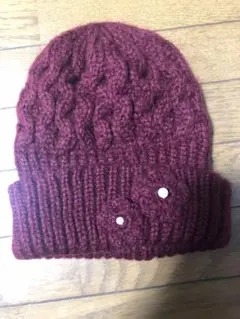 ケーブル編み バーガンディ ニット帽