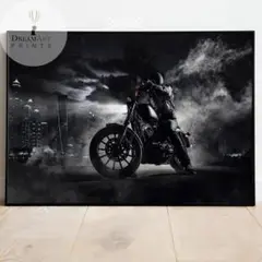 インテリアポスター モノクロ バイク ライダー 都市夜景 煙 ドラマチックな迫力